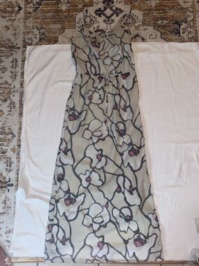 LOFT Beige Maxi Dress with Black Outline and Pink Floral Details